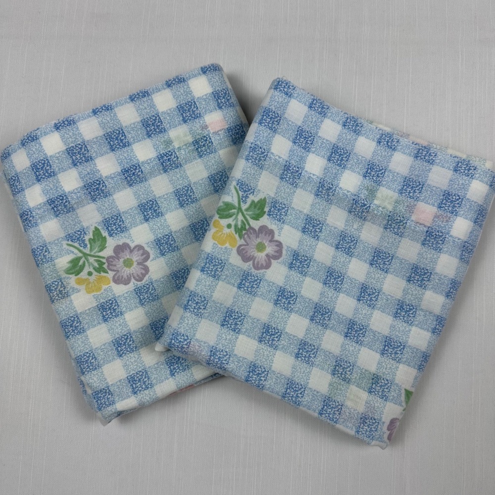Vintage Gingham Floral Pillowcases Blue White Check Set of 2 Bibb Company USA